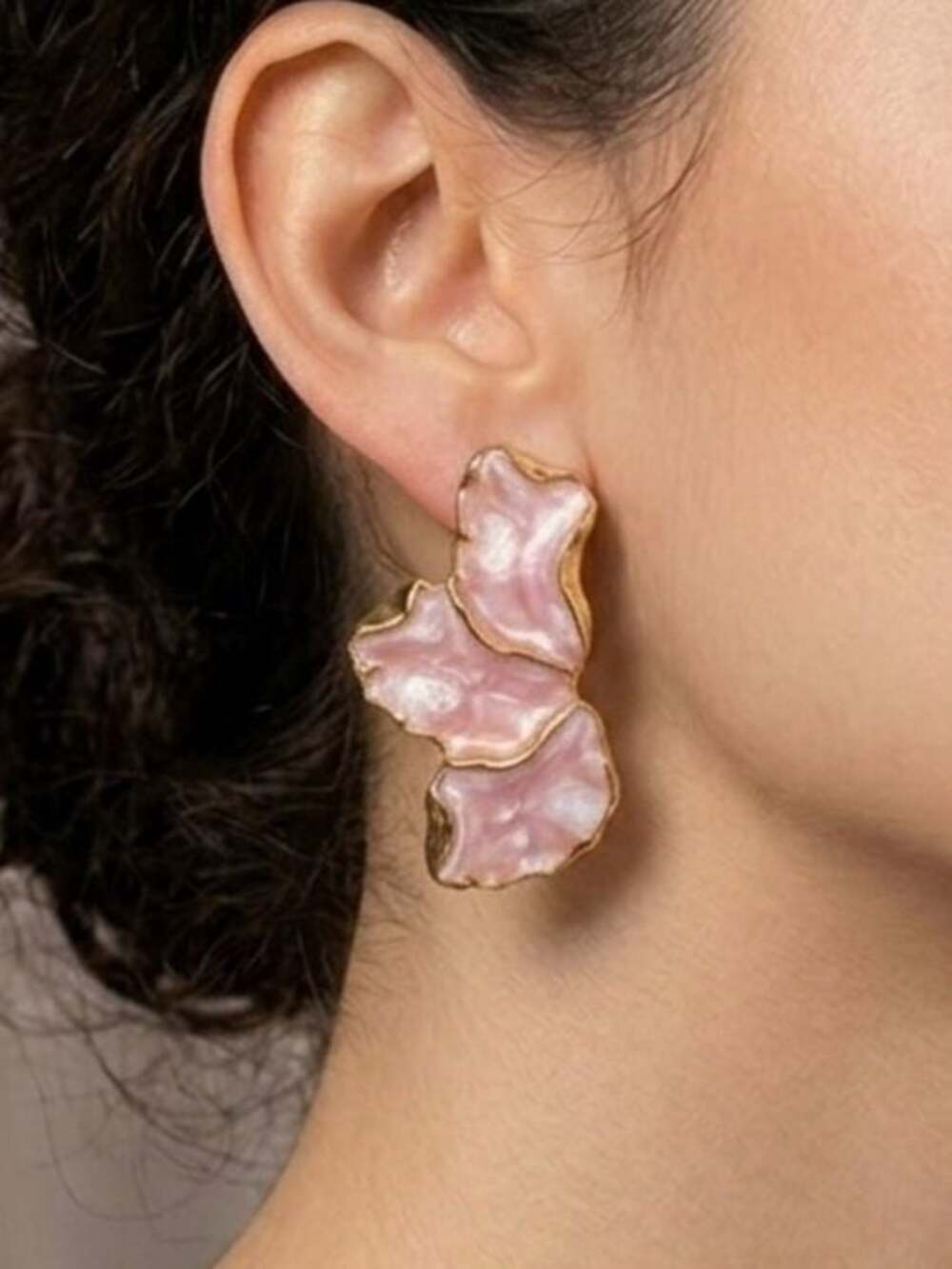 Elegant Pink Shell Petal Drop Earrings - Gold Trim - Picture 2 of 4